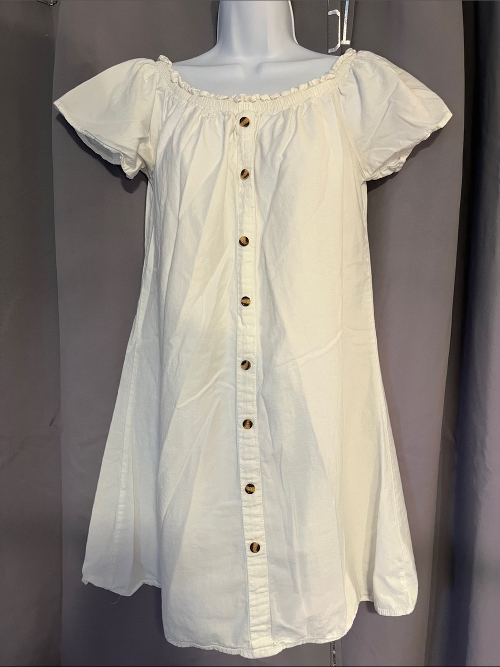 Off-Shoulder White Button-Front Summer mini Dress